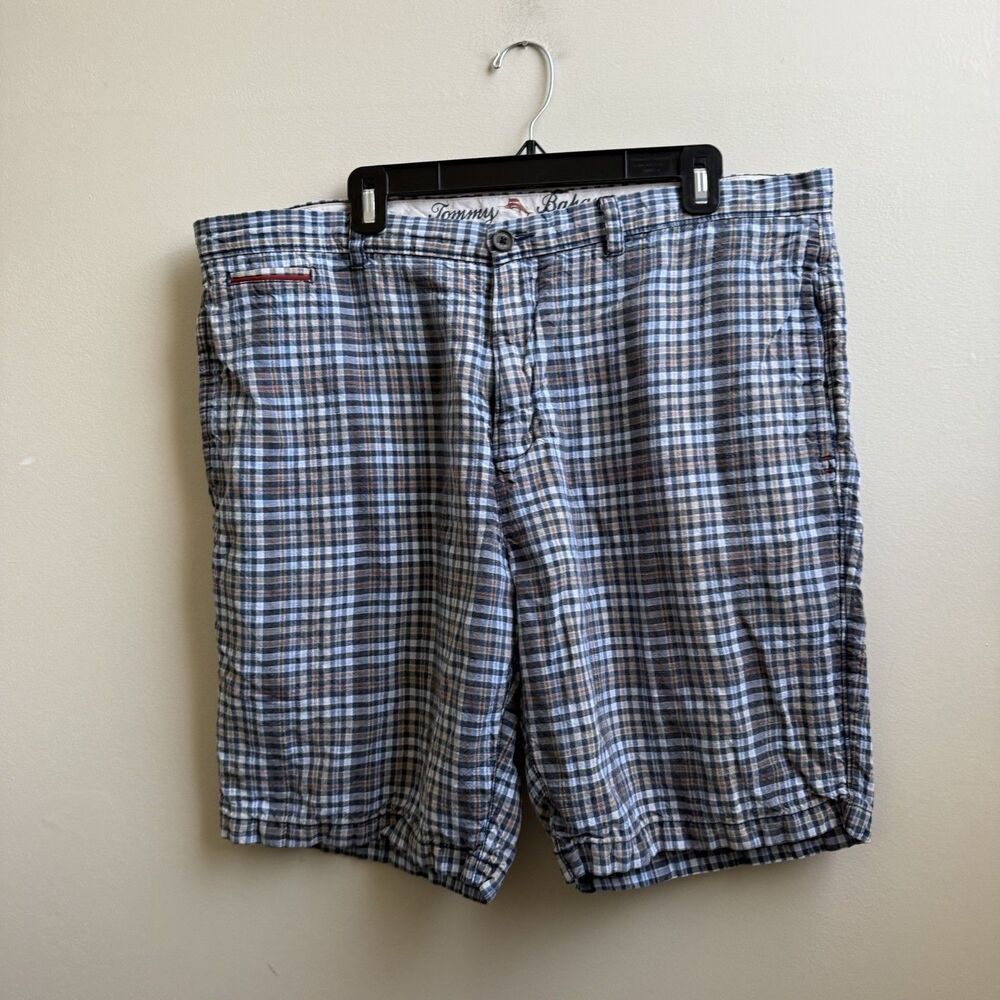 Tommy Bahama Mens Flat Front Shorts Blue & Tan Checked Size 40